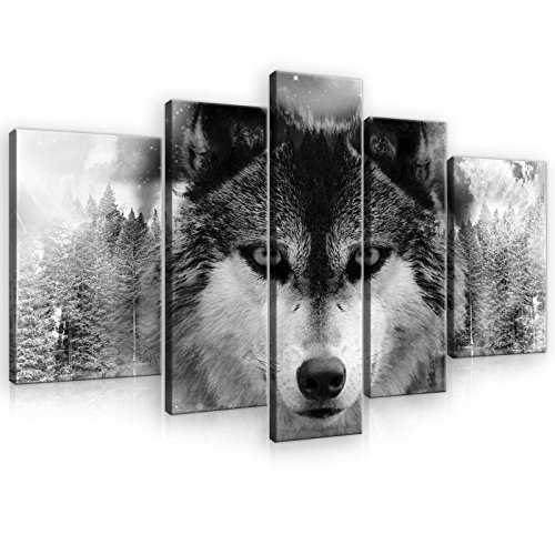 Forwall Leinwandbilder 5 Teling SET XXL Wolf Tiere Wohnzimmer Canvas Bbilder Wandbild Kunstdruck Wandbilder Wand Bild auf Leinwand UV-Beständig Aufhängefertig (10147, S4A (170 x 100 cm)) von Forwall