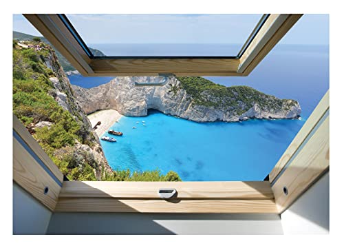 Forwall Fototapete Fenster Meer Strand 3D Effekt Aussicht Insel Optik Wohnzimmer Schlafzimmer Vlies Tapete Wandtapete UV-Beständig Montagefertig (10393, VEL (152x104 cm) 1 Bahn) von Fototapete Consalnet