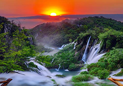 Forwall Fototapete Wald Wasserfall Sonnenuntergang Natur Landschaft Wohnzimmer Schlafzimmer Vlies Tapete Wandtapete UV-Beständig Montagefertig (13055, VEXXXL (416x254 cm) 4 Bahnen) von Fototapete Consalnet