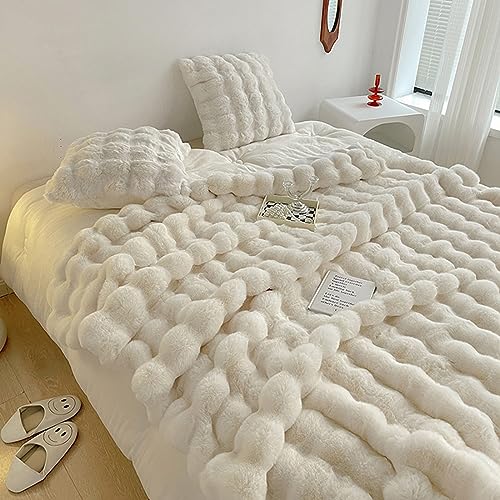 Fouriding Faux Kaninchen Pelz Decke, Winter weich warm Blase Kunstpelz Decke für Bett Sofa Casual Decke Bettdecke Decke (Beige, 200×230CM Set) von Fouriding