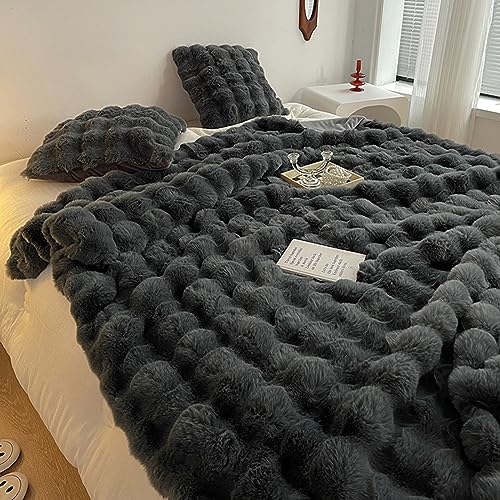 Fouriding Faux Kaninchen Pelz Decke, Winter weich warm Blase Kunstpelz Decke für Bett Sofa Casual Decke Bettdecke Decke (Dunkel grau, 200×230CM) von Fouriding