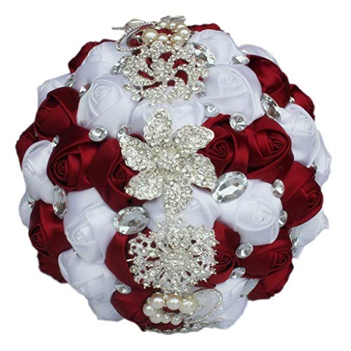 Fouriding Handgemachte Brosche Brautstrauß Braut Satin Rosen Blumen Strass Perlen Blumensträusse Hochzeit Strauß Künstliche Blumen Blumenstrauß künstlicher Rosenstrauß Deko (Weinrot Weiß) von Fouriding