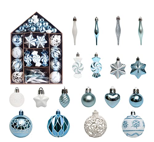 Fouriding Weihnachtskugeln 73pcs Kunststoff Christbaumkugeln Hängende Dekoration für Weihnachtsbaumschmuck (Blau Weiß) von Fouriding