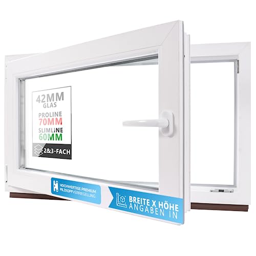 Kellerfenster Kunststofffenster weiß, BxH: 100 x 40 cm / 1000 x 400 mm 2-fach Verglasung (32 mm) Dreh-Kipp inkl. Pilzkopfverriegelung, DIN Links (Griff Rechts), 60 mm Profil von Framelux