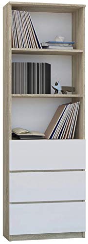 Framire B-3 Büro Bücherregal in Sonoma Eiche und weiße Fronten, 3 Regale, 2 Schubladen, Bücherregal für Wohnzimmer, Schlafzimmer, Studio, Büro 180 x 60 x 33 cm von Framire