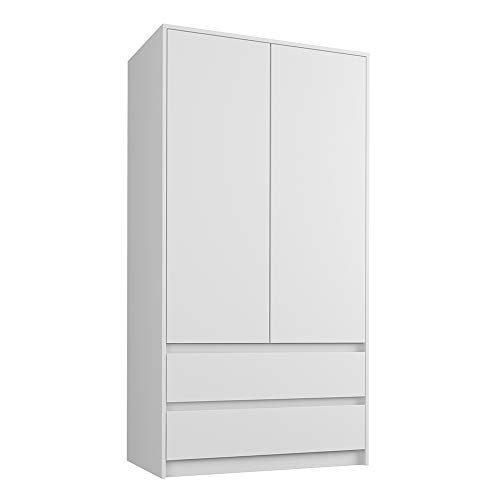Framire B-9 Kleiderschrank in Weiß, 2-türiger Kleiderschrank, 2 Schubladen, Kleiderschrank für das Schlafzimmer, Wohnzimmer, Flur, 180 x 90 x 55 cm von Framire