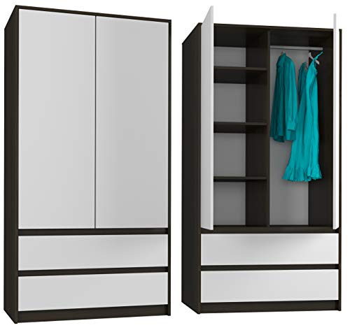 Framire B-9TIP Kleiderschrank in Wenge Mix Weiß, 2-türiger Kleiderschrank, 2 Schubladen, Kleiderschrank für das Schlafzimmer, Wohnzimmer, Flur, 180 x 90 x 51 cm von Framire