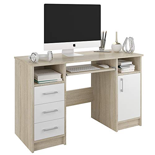 Framire N-11 Schreibtisch in Sonoma Eiche mit Weiß, Computertisch mit 3 Schubladen, Schreibtisch für Schlafzimmer, Wohnzimmer, Studio, 120 x 50 x 73 cm von Framire