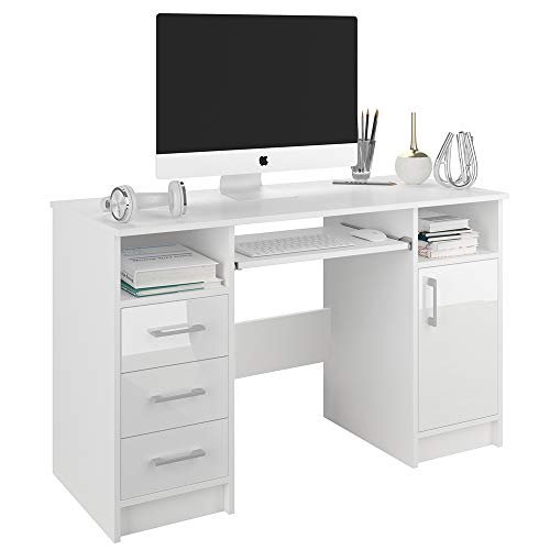Framire N-11 Schreibtisch weiß, weißer Glanz an den Fronten von Schubladen, Computertisch mit 3 Schubladen, Schreibtisch für Schlafzimmer, Wohnzimmer, Studio, 120 x 50 x 73 cm von Framire
