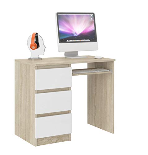 Framire N-3 Schreibtisch in Sonoma Eiche mit Weiß, Computertisch mit 3 Schubladen, Schreibtisch für Schlafzimmer, Wohnzimmer, Studio, 96 x 50 x 76 cm von Framire