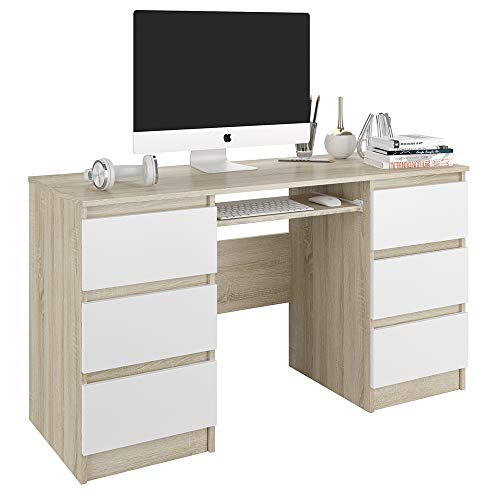 Framire N-32 Schreibtisch in Sonoma Eiche mit Weiß, Computertisch mit 6 Schubladen, Schreibtisch für Schlafzimmer, Wohnzimmer, Studio, 140 x 50 x 77 cm von Framire