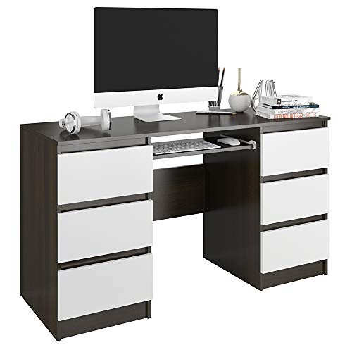 Framire N-32 Schreibtisch in Wenge Eiche mit Weiß, Computertisch mit 6 Schubladen, Schreibtisch für Schlafzimmer, Wohnzimmer, Studio, 140 x 50 x 77 cm von Framire