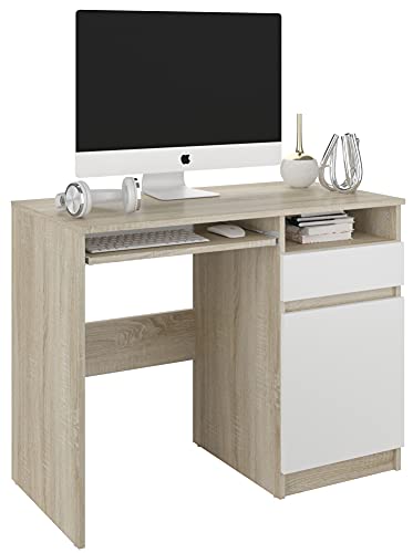 Framire N-35 Schreibtisch in Sonoma Eiche mit Weiß, Computertisch mit 1 Schubladen, Schreibtisch für Schlafzimmer, Wohnzimmer, Studio, 96 x 50 x 76 cm… von Framire