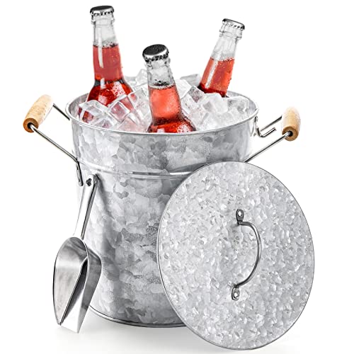 Frcctre Vintage-Eiskübel mit Deckel, 3 l, verzinktes Metall, Getränke-Eimer mit Schaufel und Tragegriffen, silberfarbenes Kühlgetränkeset für Bar, Party, Grill, ideal für den Innen- und Außenbereich von Frcctre