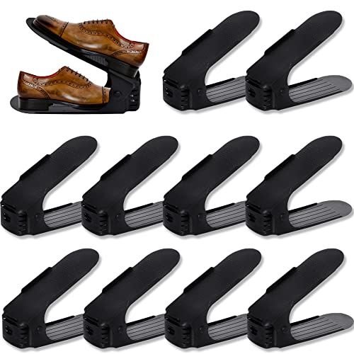 Froadp 10 Stück Einstellbare Schuhregale Rutschfest Schuhhalter 3 Höhenverstellbar PP Doppelschicht Schuhstapler Set Platzsparend Schuhaufbewahrung(Schwarz) von Froadp