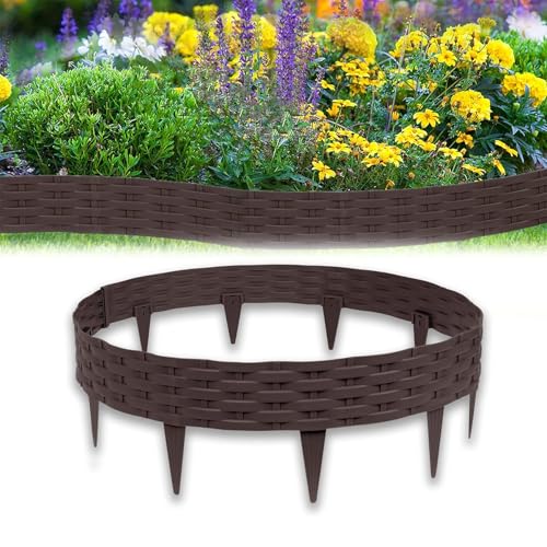 Froadp Rattan Optik Beeteinfassung Rasenkante Set, 100cm Beetumrandungen Kunststoff Rasenkantensteine, Plastik Rasenbegrenzung Beetzaun, Beetabgrenzung Garten Palisaden (10m=10 Stück, Braun) von Froadp