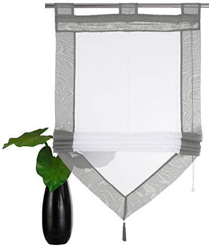 Devola Voile transparent Scheibengardinen mit zweifarbigen Design mit Quaste Fenster Gardinen Panneaux mit Tunnelzug Gardine HxB 140x45cm Grau 1er Pack von Devola