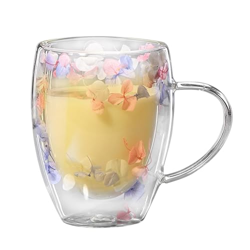Fukamou Doppelwandige Kaffeetassen Aus Glas,Doppelwandige Kaffeetassen Aus Glas - 350 Ml Doppelwandiger Glasbecher Mit Getrockneten Blumen,Blumen-Teetasse Aus Glas Mit Henkel, Hitzebeständige von Fukamou