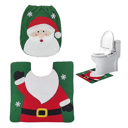 Fulenyi Weihnachts-Toilettensitzbezug und Matten-Set - Badezimmermatten-Set - Toilettendeckelbezüge mit Weihnachtsmann-, Schneemann- und Elchmuster für die weihnachtliche Heimdekoration von Fulenyi