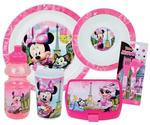 Disney Minnie Geschirrset für Kinder mit 1 Glas 220 ml, 1 Suppenteller Ø 16 cm, 1 Teller Ø 22 cm, 1 Trinkbecher 350 ml, 1 Snackbox und 2 Deckeln, Höhe 13,5 cm – wiederverwendbares Geschirr von Fun House