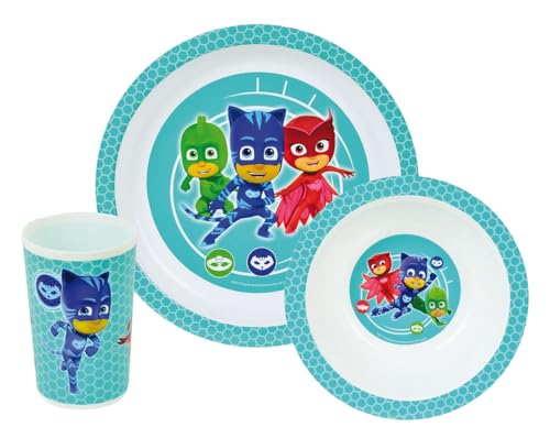 FUN HOUSE 005559 PJ Masks Set mit 1 Teller, 1 Schüssel und 1 Glas für Kinder, Polypropylen, Weiß, 26,5 x 8,5 x 24,5 cm von Fun House