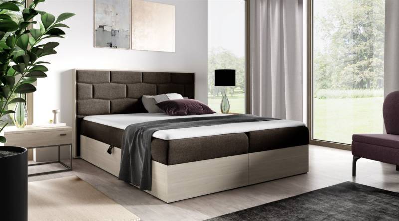 Boxspringbett Bett BEILA 120x200cm Nordic Teak Stoff Braun inkl. Bettkasten von Fun Moebel