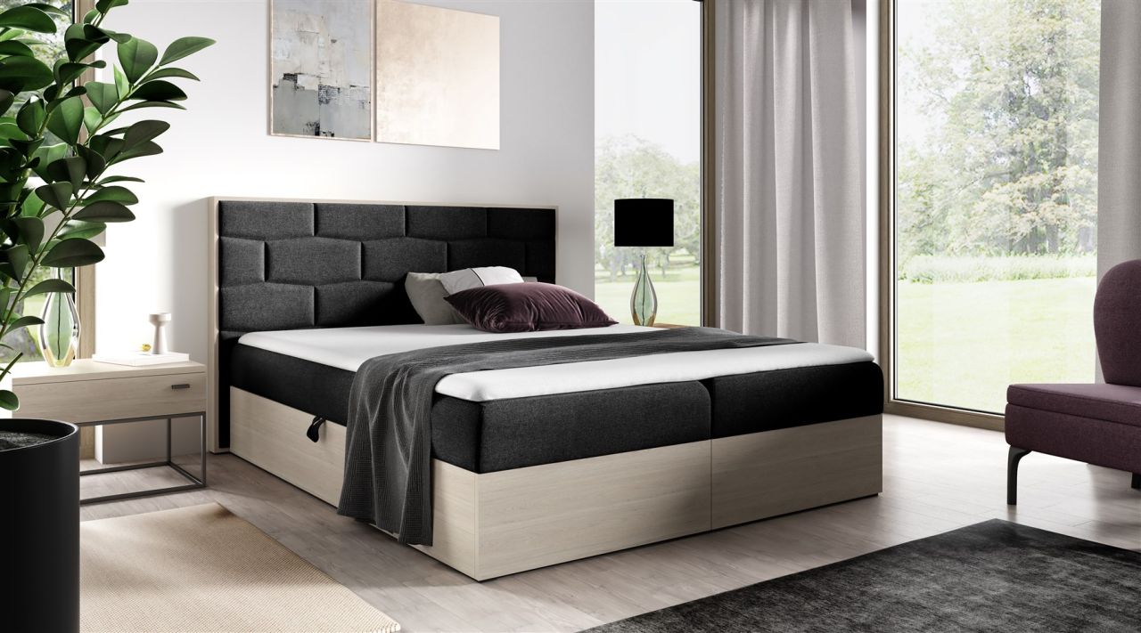 Boxspringbett Bett BEILA 140x200cm Nordic Teak Stoff Schwarz inkl. Bettkasten von Fun Moebel