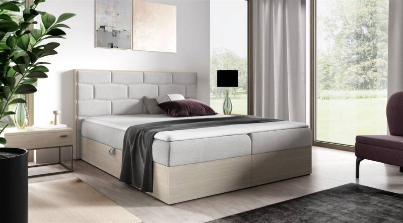 Boxspringbett Bett BEILA 200x200cm Nordic Teak Stoff Hellgrau inkl. Bettkasten von Fun Moebel