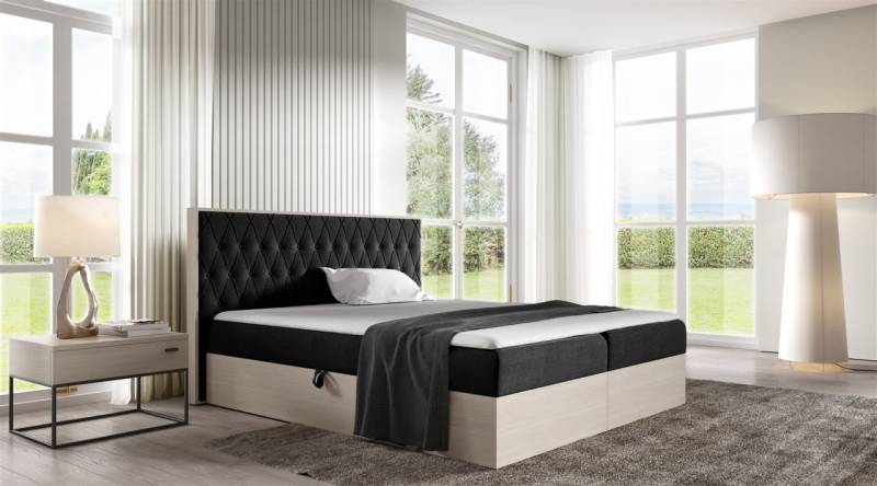 Boxspringbett Bett BROMIA 160x200cm Nordic Teak Stoff Schwarz inkl. Bettkasten von Fun Moebel