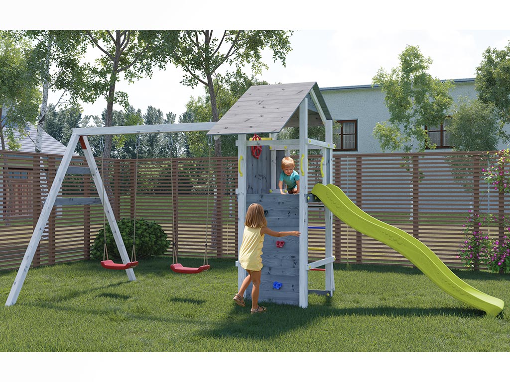 Fungoo Spielturm Smart 5 grau/weiß inkl. Rutsche gelb - BxTxH: 493x263x254 cm, inkl. Rutsche gelb + Doppelschaukel, inkl. Kletterwand von Fungoo