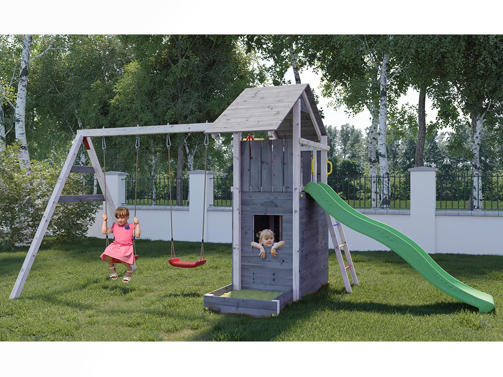 Fungoo Spielturm Smart 7 grau/weiß inkl. Rutsche grün - BxTxH: 493x258x254 cm, inkl. Rutsche grün + Doppelschaukel, inkl. Sandkasten + Hauswände von Fungoo