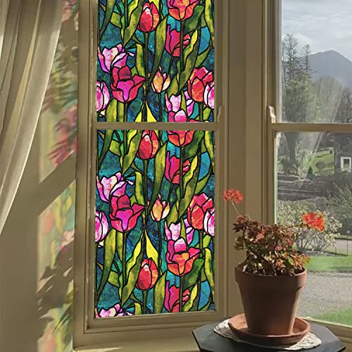 funlife Fensterfolie statisch haftende Fensteraufkleber Hoher Transparenz, selbsthaftende Glasfolie für Fenster Glas, zweiseitige Sichtschutzfolie Scheibenfolie, 30x300cm Rote Tulpen von Funlife