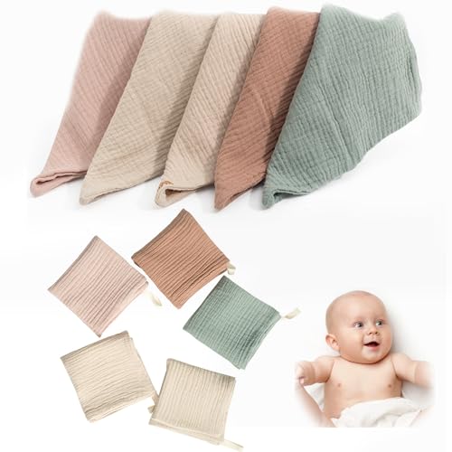 Funmo 10 Stück Baby Musselin Waschlappen Kinderservietten, Handtücher Set für Neugeborene, 23x23cm Gesichtstücher und Badetuch, Mehrweg Baby Waschlappen 100% Baumwolle Zufällige Farbe von Funmo