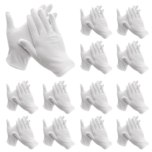 Funmo 48 Stück (24paar) weiße Baumwollhandschuhe für trockene Hände, weiches atmungsaktives Baumwollhandschuhe, waschbares und dehnbares Tuch für Hautpflege, Schmuck Untersuchen, Tägliche Arbeit usw von Funmo