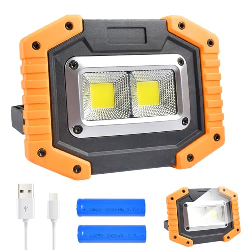 Funmo LED Baustrahler Akku 1 Stück, Wiederaufladbare Strahler mit Akku 30W 2000LM, LED Arbeitsleuchte USB Tragbar für Garage Camping Angeln Notfall Baustellen(3 Lichtmodi) von Funmo