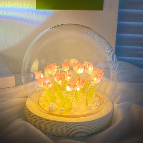 Funmo Tulpen Lampe DIY Tulpe Nachtlicht Tulip Lamp Mit Glasabdeckung Batteriebetrieben Tulpen Nachttischlampe Beste Geschenk Für Mädchen Und Frauen Schlafzimmer Dekorative Lichter von Funmo