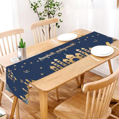 Ramadan Mubarak Tischläufer Tischdekorationen,Eid Mubarak Tischläufer, Islamische Iftar Party Tischdecke Deko mit Gold Stern Mond Moschee für Zuhause Tischdeko Dinning Party 33 x 120 cm von Funmo