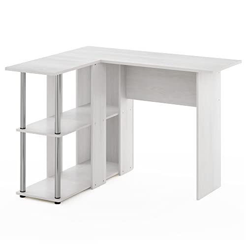 Furinno Abbott L-förmiger Schreibtisch mit Bücherregal, Engineered Wood, Weiße Eiche/Edelstahl, 87.63 (D) x 104.39 (W) x 73.41 (H) cm von Furinno
