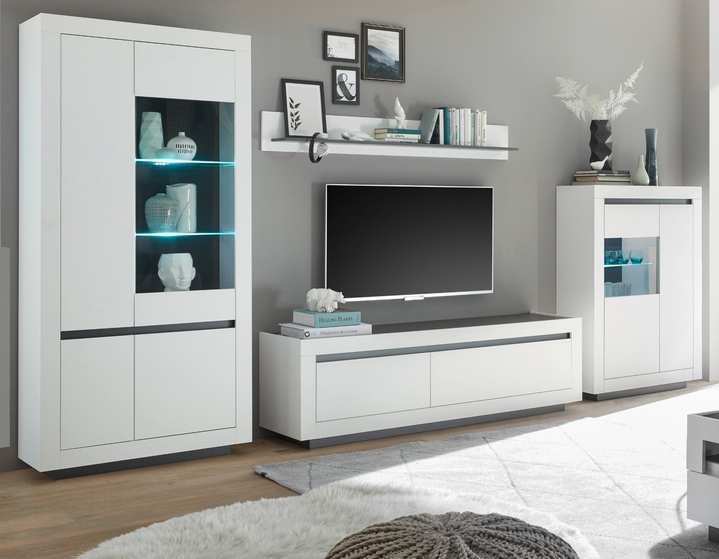Furn.Design Wohnwand Rooky, (Set in weiß matt mit Anthrazit, 4-teilig, 390 x 206 cm), mit großem TV-Lowboard von Furn.Design