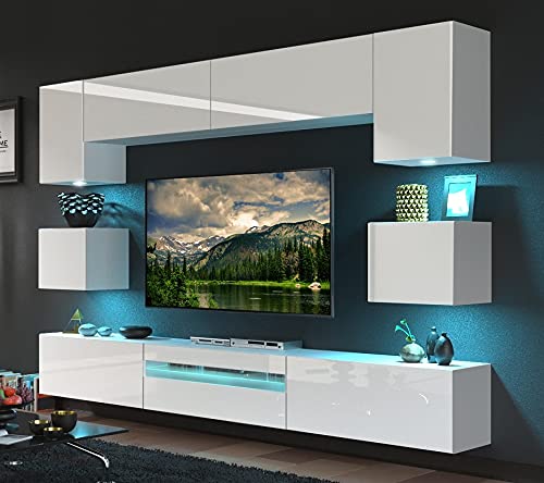Furnitech BESTA Möbel Schrankwand Wandschrank Wohnwand Mediawand mit Led Beleuchtung Wohnzimmer (LED weiß, GAN1-17W-HG21 1B) von Furnitech