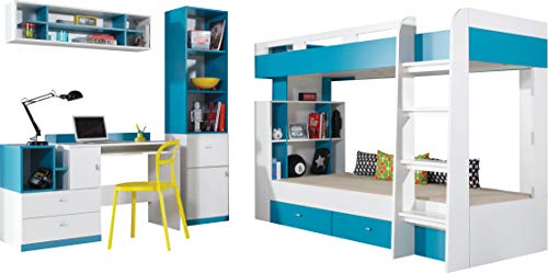 FurnitureByJDM Etagenbett/Hochbett, Zusammensetzung MOBI System 19" mit Schubladen und Schreibtisch. Kinder Möbel-Set. (Weiß/Blau). von FurnitureByJDM
