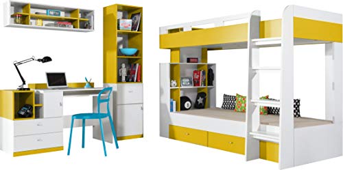 FurnitureByJDM Etagenbett/Hochbett, Zusammensetzung MOBI System 19" mit Schubladen und Schreibtisch. Kinder Möbel-Set. (Weiß/Gelb) von FurnitureByJDM
