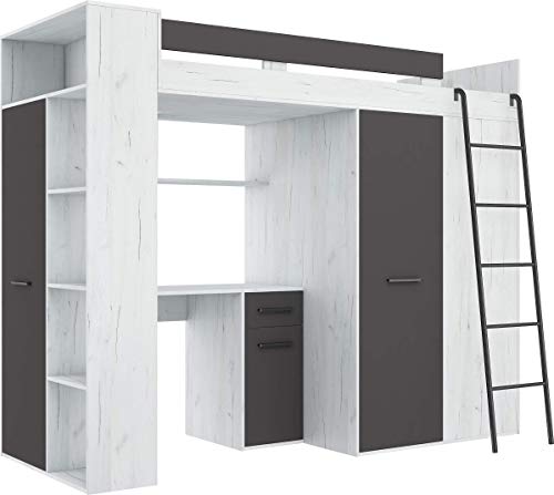 FurnitureByJDM Hochbett mit Schreibtisch, Kleiderschrank und Bücherregal, Verana R - (Craft Weiß/Graphit) von FurnitureByJDM