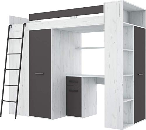 FurnitureByJDM Hochbett mit Schreibtisch, Kleiderschrank und Bücherregal - VERANA L - (Craft Weiß/Graphit) von FurnitureByJDM