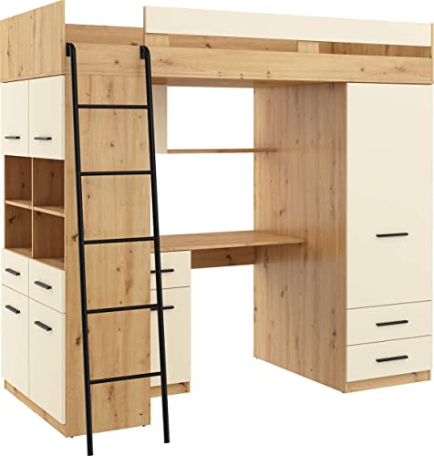 FurnitureByJDM Hochbett mit Schreibtisch, Schubladen, Kleiderschrank und Bücherregal - Level L - (Eiche Artisan/Creme) von FurnitureByJDM