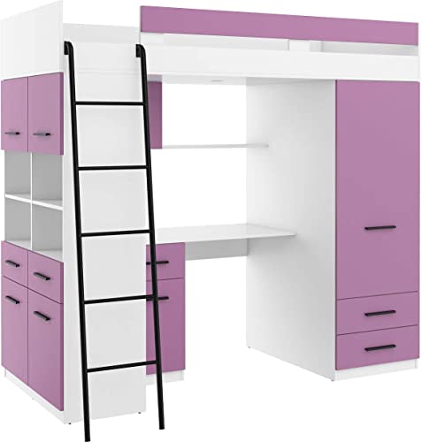 FurnitureByJDM Hochbett mit Schreibtisch, Schubladen, Kleiderschrank und Bücherregal - Level L - (Weiß/Lavendel) von FurnitureByJDM