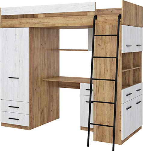 FurnitureByJDM Hochbett mit Schreibtisch, Schubladen, Kleiderschrank und Bücherregal - Level R - (CraftGold/CraftWeiß) von FurnitureByJDM