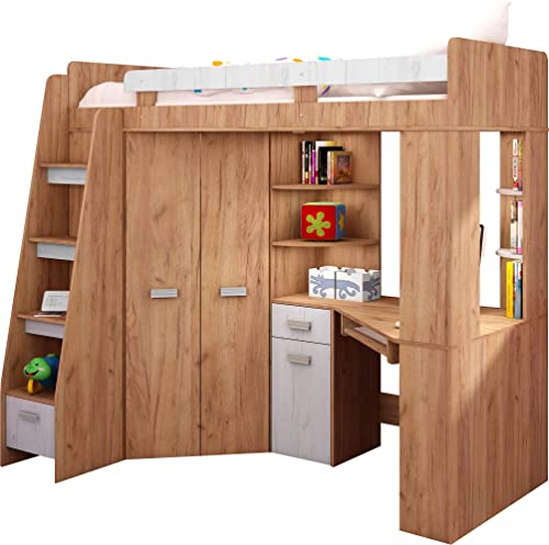FurnitureByJDM Hochbett mit Schreibtisch, Schubladen, Regalen und Kleiderschrank – ANTRESOLA (Craft Gold/Craft White (Left)) von FurnitureByJDM