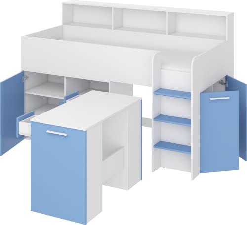 FurnitureByJDM Kompaktes, Modernes Hochbett mit Schreibtisch, Schubladen und Bücherregal - NEO R - (Weiß/Hellblau) von FurnitureByJDM