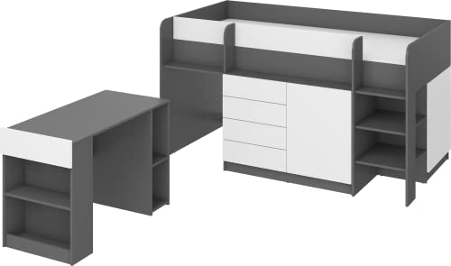 FurnitureByJDM Kompaktes, Modernes Hochbett mit Schreibtisch, Schubladen und Bücherregal – Smile R – (Graphit/Weiß) von FurnitureByJDM